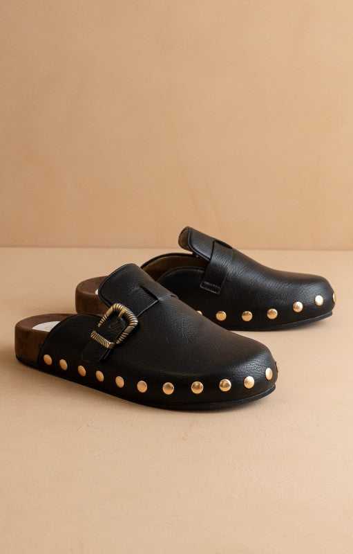Black Studded Buckle Clogs